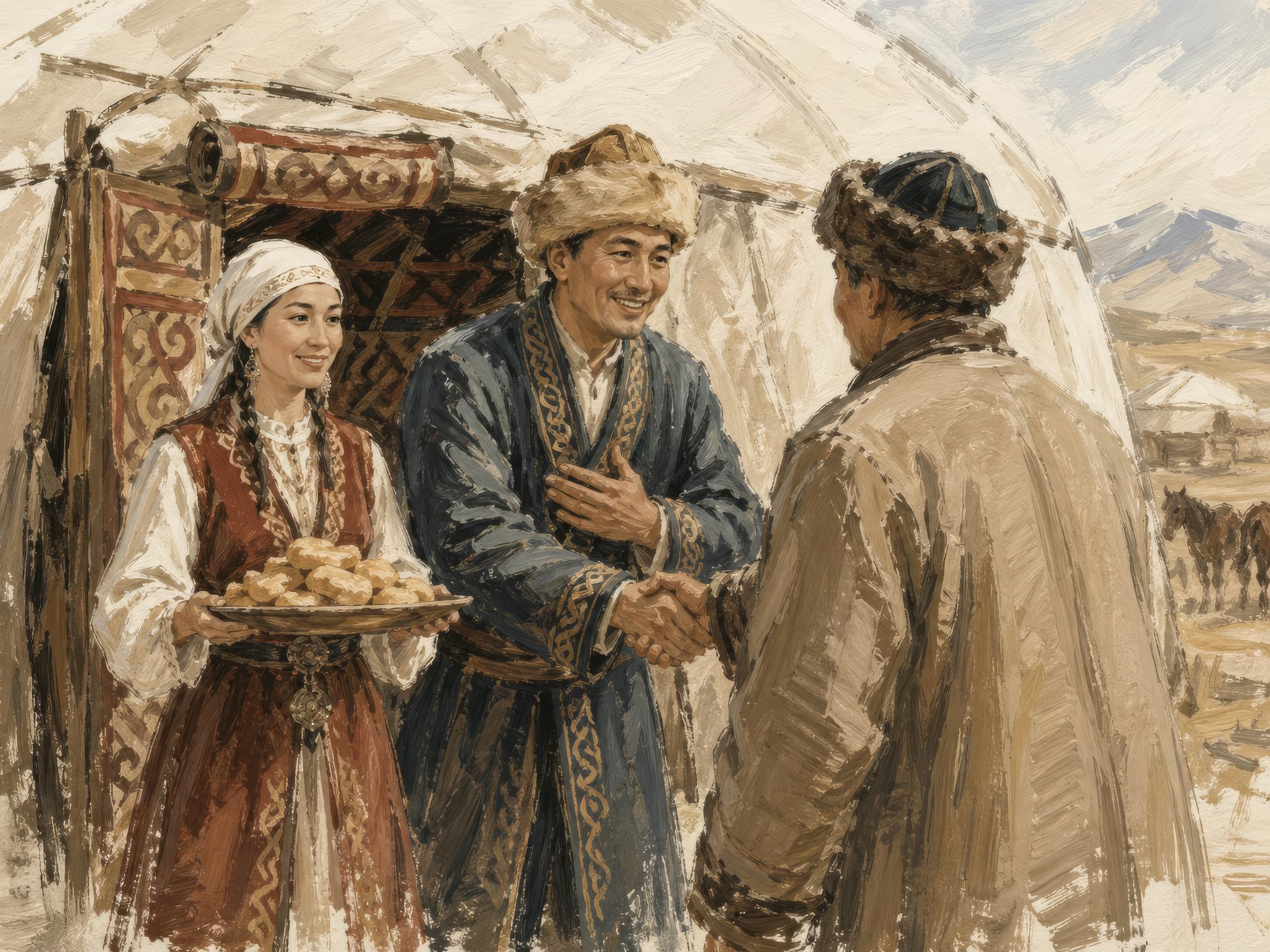 Казахская семья встречает гостя у юрты